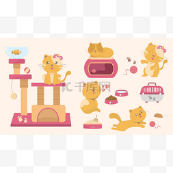 宠物店卡通图片_猫玩具收藏品矢量插图平面设计风