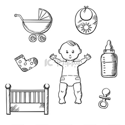 尿布奶瓶图片_婴儿素描设计，一个可爱的小婴儿