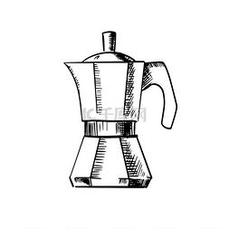 白色油锅图片_咖啡机素描图标与意大利锅生产浓