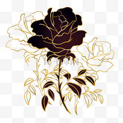 玫瑰花黑色图片_光效金线植物叶子玫瑰花