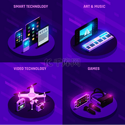 紫色背景音乐图片_智能电子技术小工具 4 等距图标组