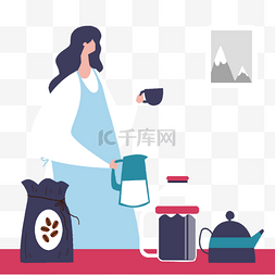 蓝色茶杯图片_咖啡师咖啡制作蓝色人物插画