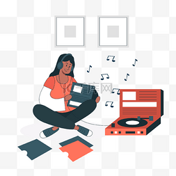 在家使用黑胶唱片机听音乐的女人