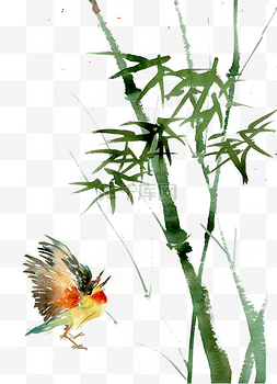 小鸟树枝水墨图片_竹丛中的小鸟