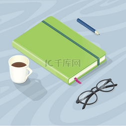 咖啡书桌图片_有笔记本、玻璃笔和咖啡的书桌。