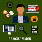 程序员职业平面图标与人被带防病毒的笔记本电脑、台式计算机、微芯片、数据库和服务器、病毒、放大镜和带有 php、css、html 的齿轮包围。