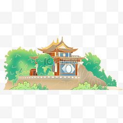 建筑物描线描金古建筑树丛