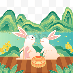 月饼中秋兔子图片_国潮中国风中秋节青山河流玉兔月
