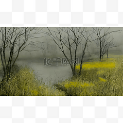 小河插画图片_雾中的沼泽地水墨