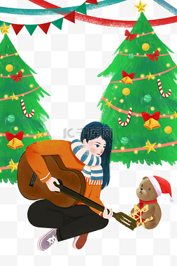 圣诞节女孩圣诞树小熊弹吉他