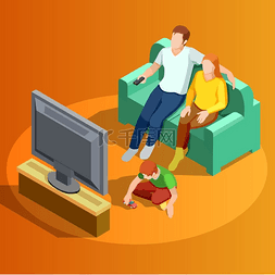 米色地毯图片_家庭观看电视家庭等距图年轻的家