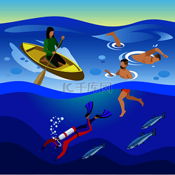 夏天标题背景图片_海洋户外活动构图与游泳和潜水符