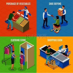 市场贸易图片_购物人等距设计概念与购买蔬菜、