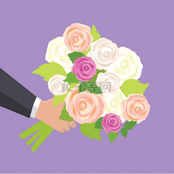 粉色、白色和绿色玫瑰的婚礼花束