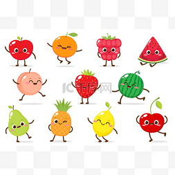 水果图片_可爱的卡通苹果，覆盆子，草莓，