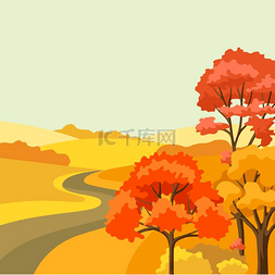 道路分支图片_与风景和风格化树的秋天背景。