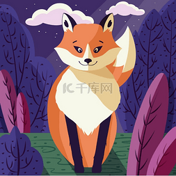 日落时森林中可爱红狐狸的彩色插