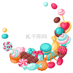 美味的蛋糕图片_框架与五颜六色的各种糖果和甜点