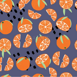 水果无缝图案、带叶子的橙子和紫