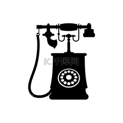 单色手机图标图片_带有接收器的复古电话在电线上隔