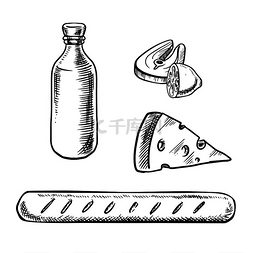 美食主题图标图片_传统的法国食品和饮料，包括一瓶