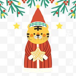 圣诞节松树装饰图片_圣诞节小老虎节日卡通风格