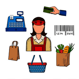 卡通条形码图片_女店员周围的卖家职业和购物袋、