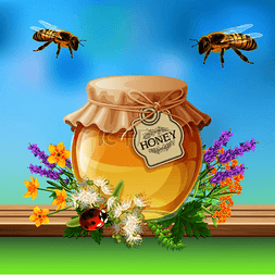 飞行的蜜蜂和瓢虫甲虫与薰衣草和