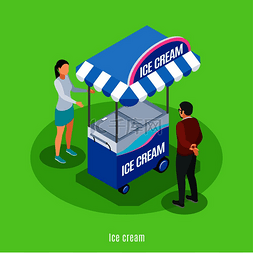 冷冻速冻食品图片_冰淇淋等距背景卖家和买家站在街