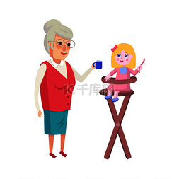 祖父母外祖父母图片_祖母用高脚椅喂养孙女，祖母和小