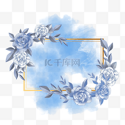 蓝色水彩玫瑰花绽放边框