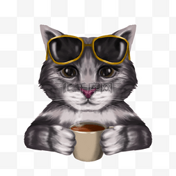人物线面图片_喝咖啡太阳镜猫咪肖像
