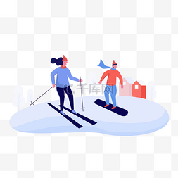 冬季扁平矢量木屋图片_情侣雪地滑雪运动扁平风格插画