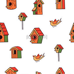 鸟房子卡通图片_弹簧无缝图案鸟巢和鸟类矢量插图