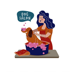 卡通护理头发图片_可爱的狗在美容沙龙。女人洗狗。
