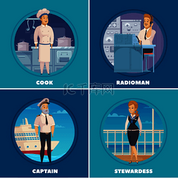 海洋背景卡通图片_邮轮游艇船员角色 4 卡通图标广场