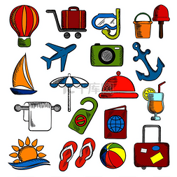 海滩行李图片_旅行、旅行和休闲图标设置有飞机