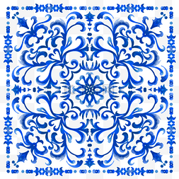 蓝色瓷砖纹理图片_葡萄牙瓷砖蓝色水彩图形