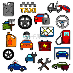 维修轮胎图标图片_汽车和维修服务图标设置有汽车销