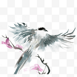 树枝彩色水墨画图片_玉兰花枝上的小鸟