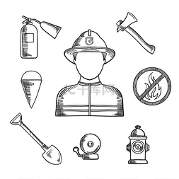 火和消防员图片_消防员职业素描图标与身穿防护头