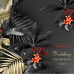 深色背景矢量海报上的热带黑色和金色叶子美丽的植物设计与金色热带丛林棕榈叶，异国情调的红色花朵婚礼邀请卡，圣诞贺卡。