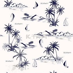 海滩棕榈树图片_白色背景上美丽的无缝岛屿图案。