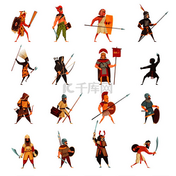 古代战士图标与武器和装备平面隔