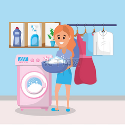 洗衣房洗衣房图片_妇女在洗衣房与用具动画片向量例