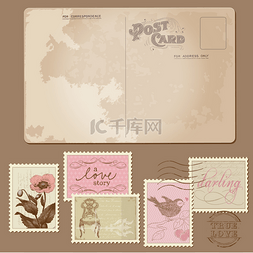 手绘邮票卡通图片_复古明信片和邮票-婚礼设计