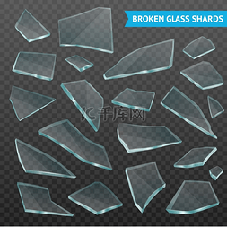 玻璃破碎图片_玻璃碎片逼真的深色透明套装。