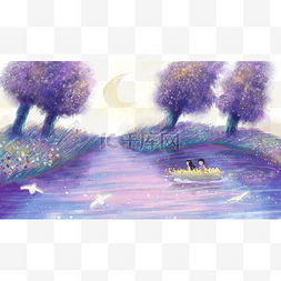 风景紫色图片_蜡笔风格水彩风景紫色月夜梦幻女