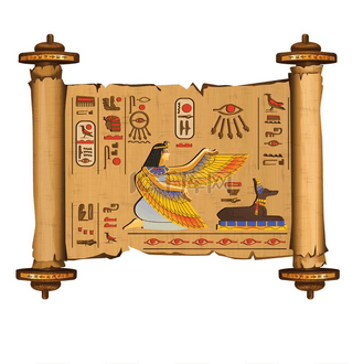 古埃及纸莎草卷轴木杆卡通矢量象形文字和埃及文化宗教符号古代神伊西