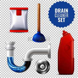 矢量图厨房图片_3D 风格排水管清洁器透明图标集，